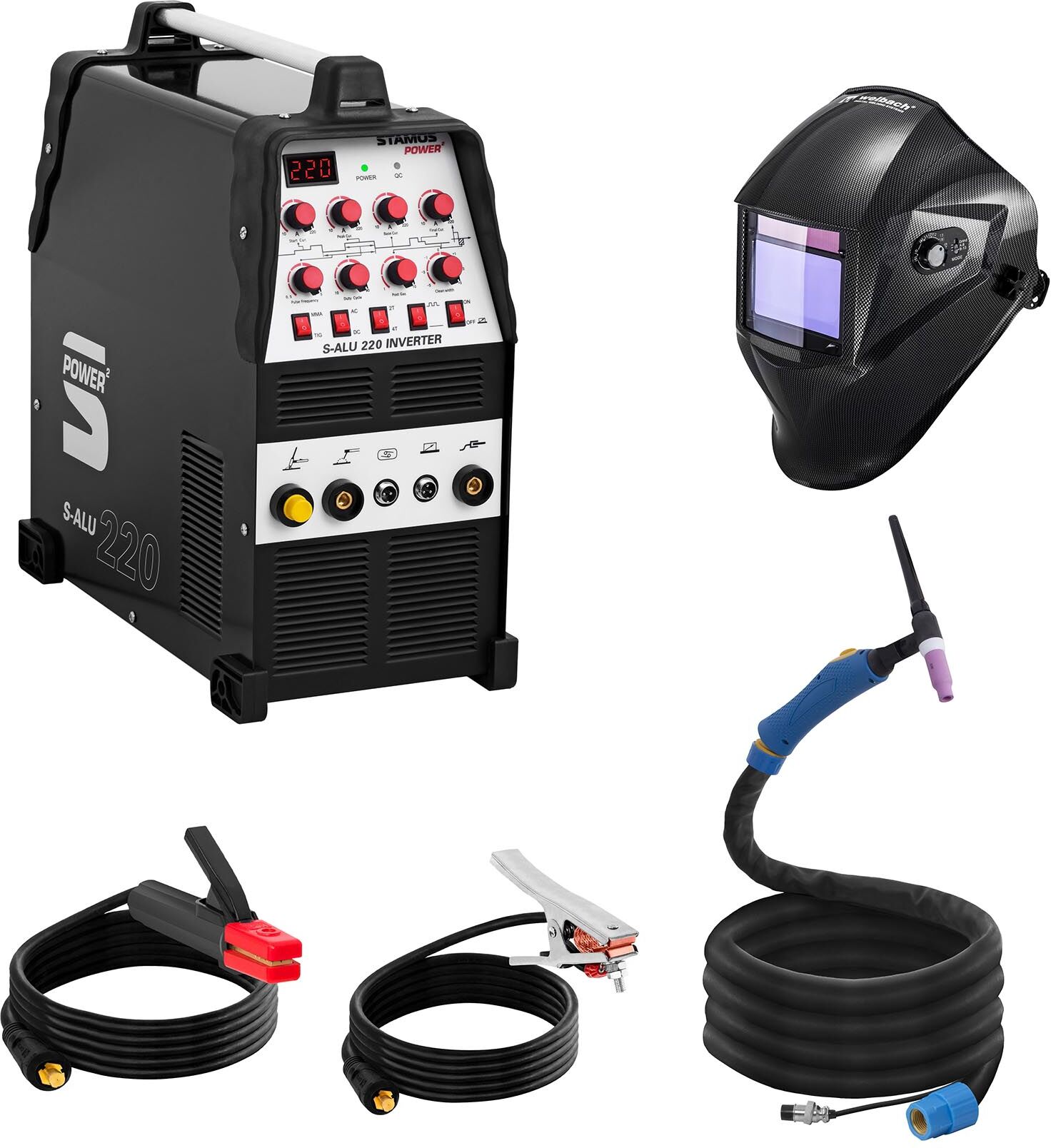 Stamos Power ² Set di saldatura Saldatrice alluminio - 200 A - 230 V - Puls - 2/4 Tempi + Maschera da saldatore - Carbonic - PROFESSIONAL SERIES Stamos Power ² Set di saldatura Saldatrice alluminio - 200 A - 230 V - Puls - 2/4 Tempi + Maschera da saldatore - Carbonic - PROFESSIONAL SERIES