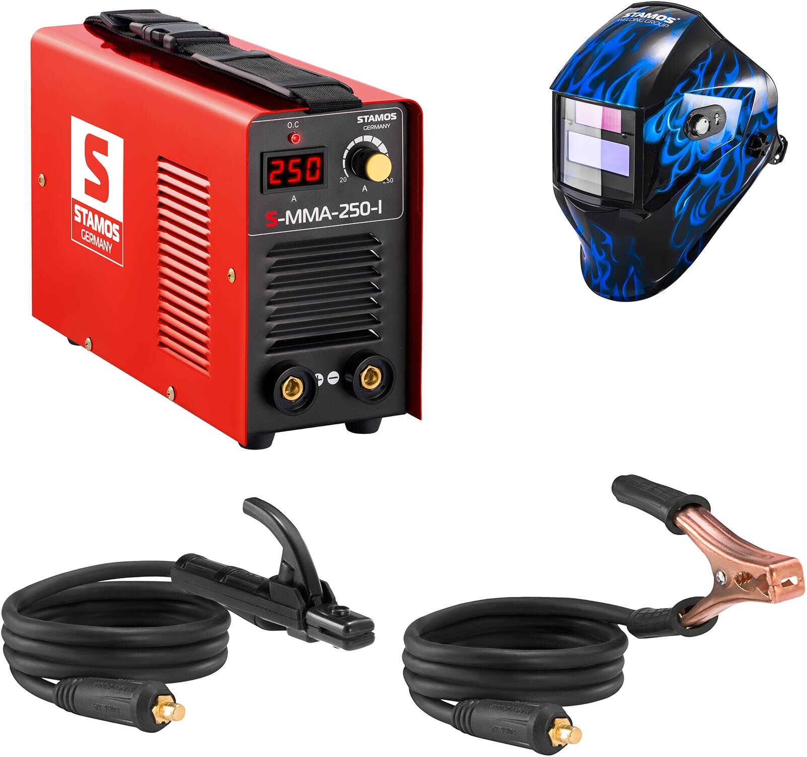 Stamos Basic Set di saldatura Saldatrice mma - 250 A - 230 V - IGBT + Maschera da saldatore - Sub Zero - EASY SERIES