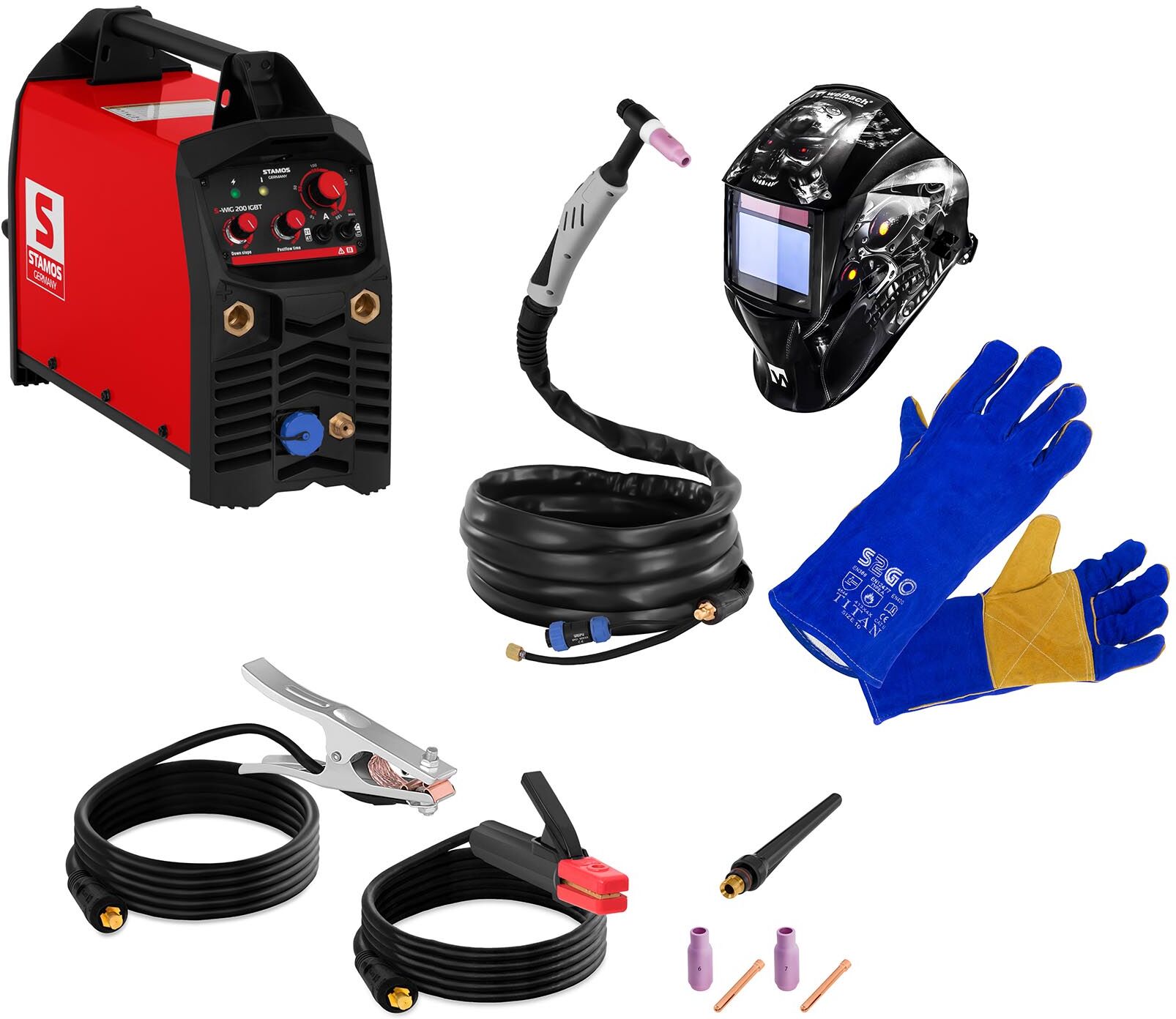 Stamos Germany Saldatrice TIG - 200 A - IGBT set con maschera da saldatore METALATOR e guanti da saldatore S-WIG 200 IGBT SET4 Stamos Germany Saldatrice TIG - 200 A - IGBT set con maschera da saldatore METALATOR e guanti da saldatore S-WIG 200 IGBT SET4
