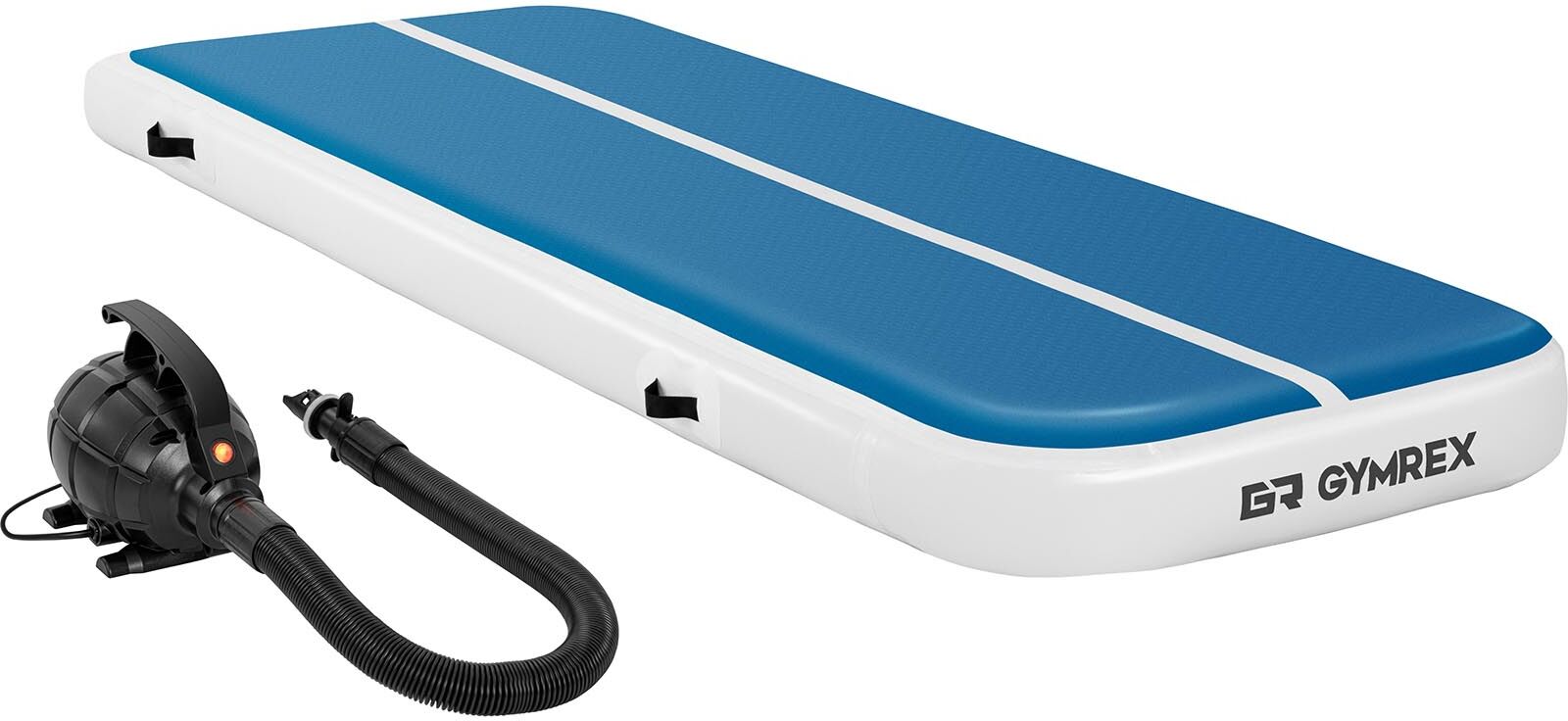Gymrex Set tappetino da ginnastica gonfiabile con pompa inclusa - Airtrack - 300 x 100 x 20 cm - 150 kg - blu/bianco GR-ATM4-SET Gymrex Set tappetino da ginnastica gonfiabile con pompa inclusa - Airtrack - 300 x 100 x 20 cm - 150 kg - blu/bianco GR-ATM4-SET