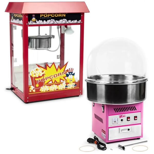 royal catering set macchina per popcorn e macchina per zucchero filato - 1.600 w / 1.200 w - cupola paraschizzi rcpr-16e-set1