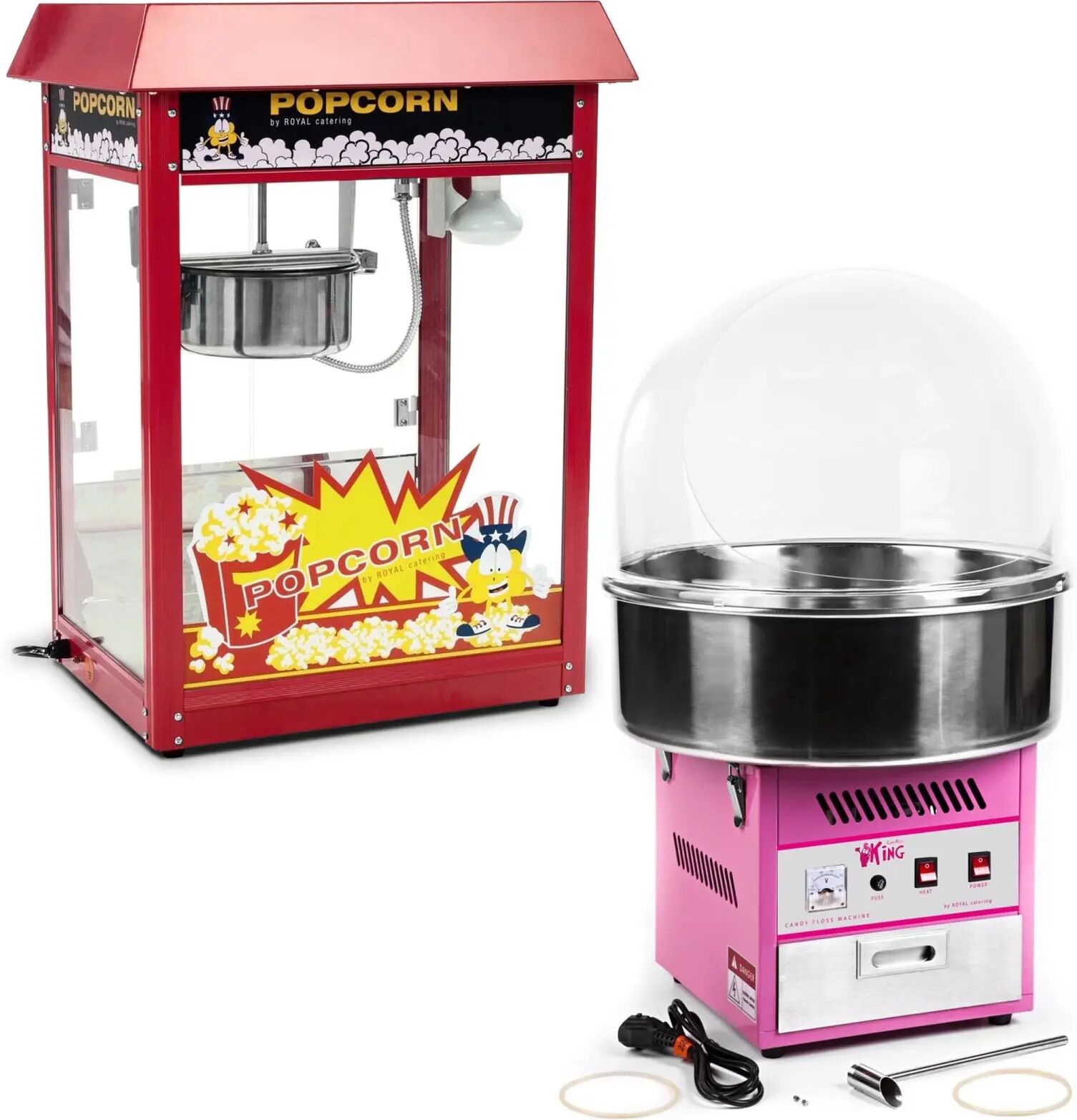 royal catering set macchina per popcorn e macchina per zucchero filato - 1.600 w / 1.200 w - cupola paraschizzi rcpr-16e-set1