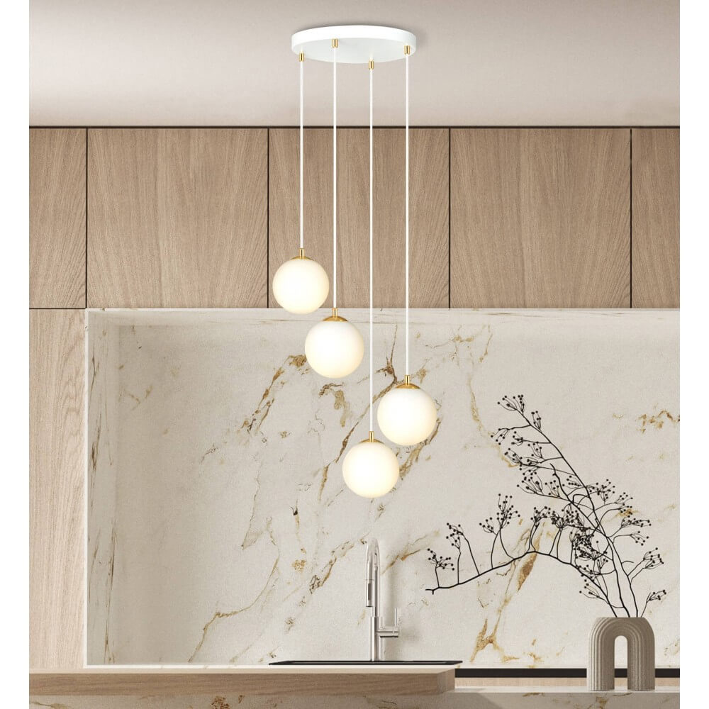 EMIBIG lighting Lampadario a sospensione Royal 4, Bianco con sfere Satinate - E14