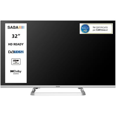 Saba SA32M10 TV 32'' HD READY, Triplo tuner DVBT2/C/S2 HEVC MAIN10, Certificato TivuSAT, Piedistallo centrale, Dolby Audio Saba SA32M10 TV 32'' HD READY, Triplo tuner DVBT2/C/S2 HEVC MAIN10, Certificato TivuSAT, Piedistallo centrale, Dolby Audio