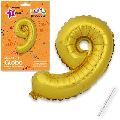 Juinsa - Mylar (Poliammide) Palloncino Numero 9 Oro + Asta 45,30 X 30, Juinsa - Mylar (Poliammide) Palloncino Numero 9 Oro + Asta 45,30 X 30,