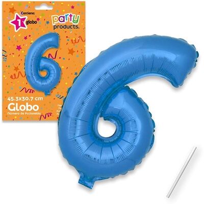 Juinsa - Mylar (Poliammide) Palloncino Numero 6 Blu + Asta 45,30 X 30, Juinsa - Mylar (Poliammide) Palloncino Numero 6 Blu + Asta 45,30 X 30,