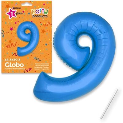 Juinsa - Mylar (Poliammide) Palloncino Numero 9 Blu + Asta 45,30 X 30, Juinsa - Mylar (Poliammide) Palloncino Numero 9 Blu + Asta 45,30 X 30,