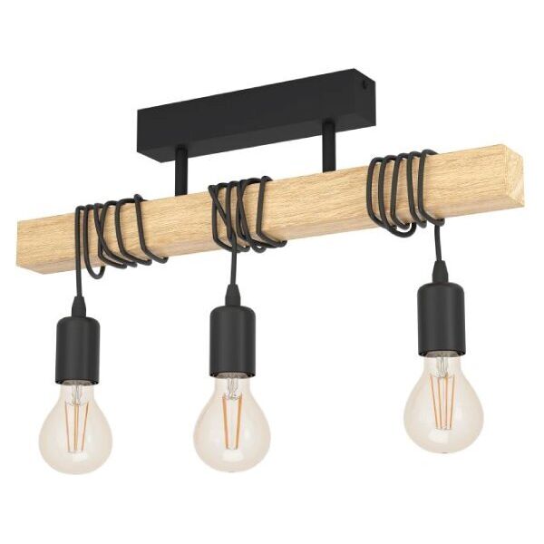 eglo townshend plafoniera industrial trave in legno con 3 luci 60w e27 32915