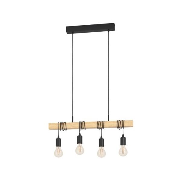 eglo townshend lampada a sospensione industrial trave in legno con 4 luci 60w e27 32916