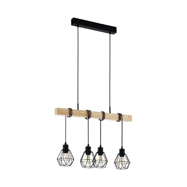 eglo townshend 5 lampada a sospensione trave in legno con 4 paralumi pendenti neri e27 4x60w 43132