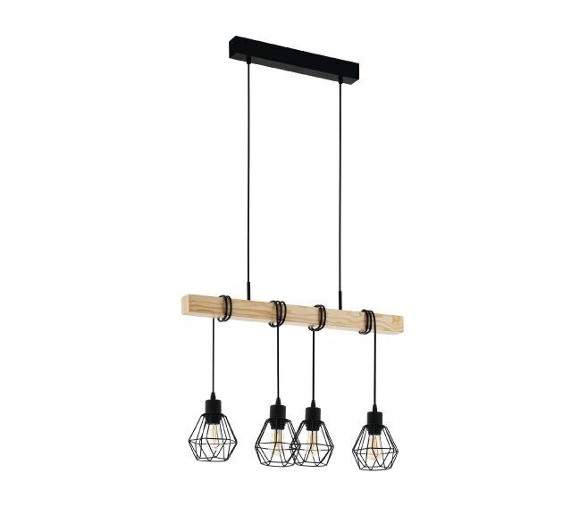 Eglo TOWNSHEND 5 LAMPADA A SOSPENSIONE TRAVE IN LEGNO CON 4 PARALUMI PENDENTI NERI E27 4X60W 43132