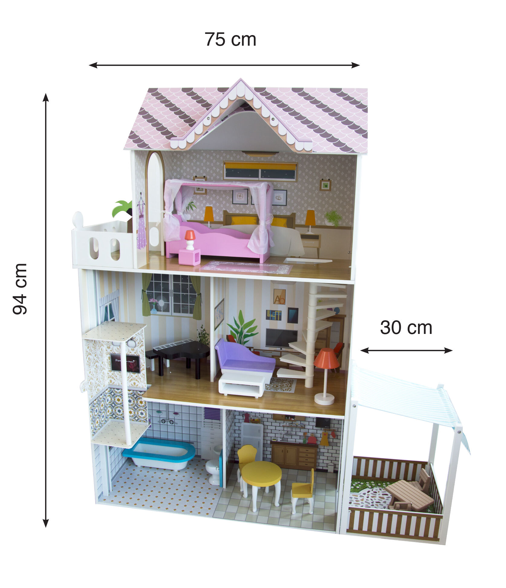 ODG Casa Delle Bambole/barbie In Legno Con Veranda E 3 Livelli Di Gioco