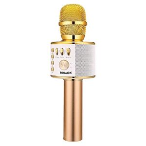 BONAOK Microfono Karaoke Wreless Bluetooth BONAOK, 3-in-1 Palmare Portatile Karaoke Mic Regalo di Compleanno Altoparlante per Feste a Casa per iPhone/Android/iPad,PC Smartphone Oro chiaro