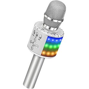 BONAOK Wireless Bluetooth Microfono Karaoke, Microfono Wireless Bambini con luci a LED controllabili, Portatile KTV Karaoke Player Mic per Android/iPhone/iPad/Sony/PC (Argento)