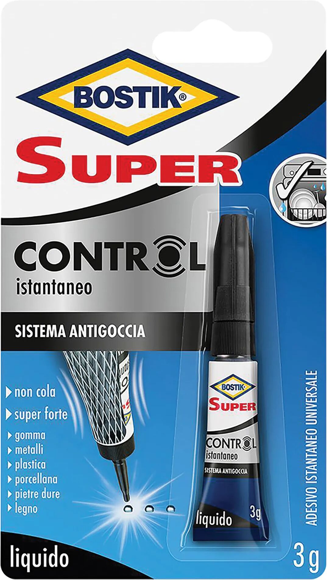 bostik colla cianoacrilica super control  3 g con sistema antigoccia super forte