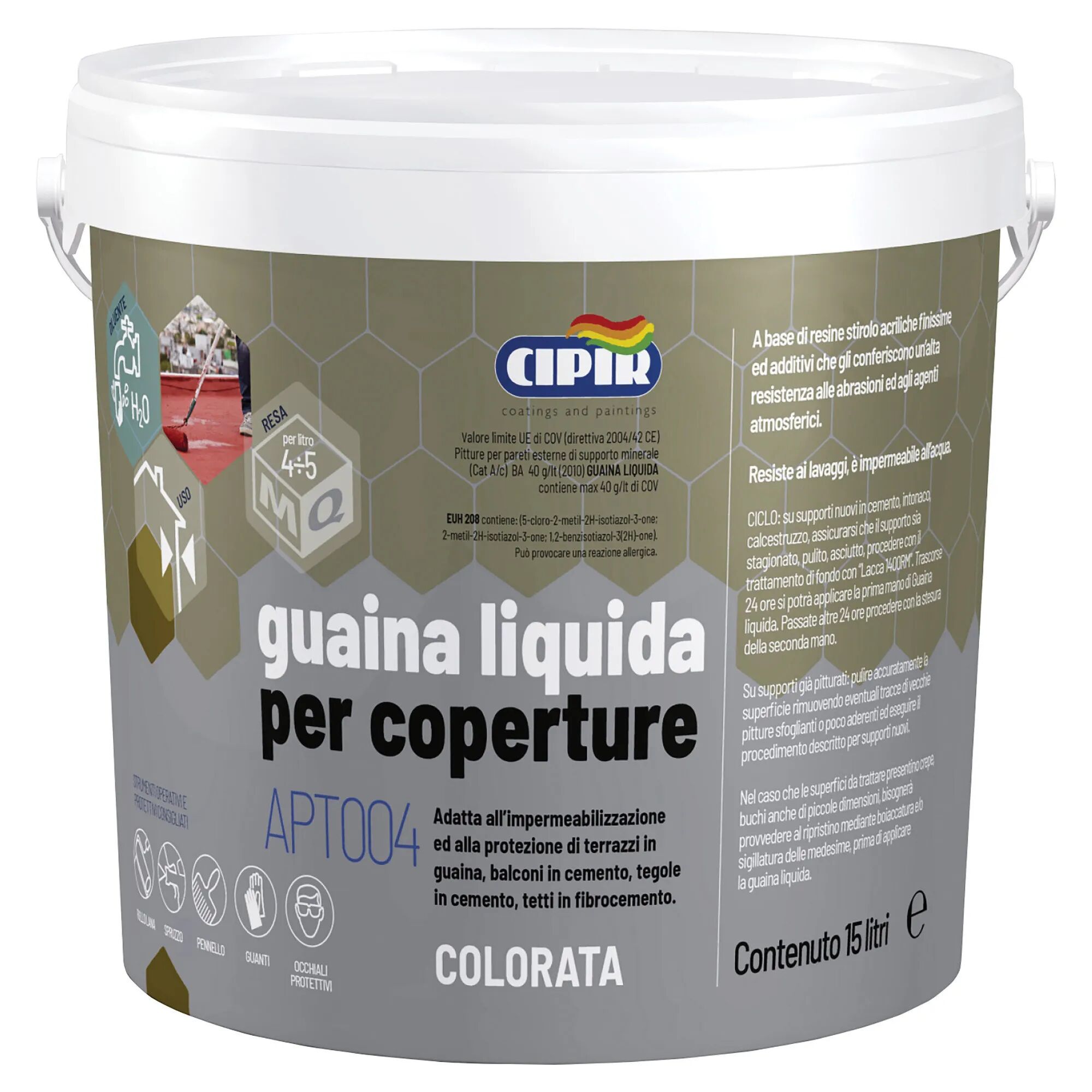 Cipir GUAINA LIQUIDA  GRIGIO PERLA 15 l PER CEMENTO E FIBROCEMENTO 4,5 m² CON 1 l DILUITO