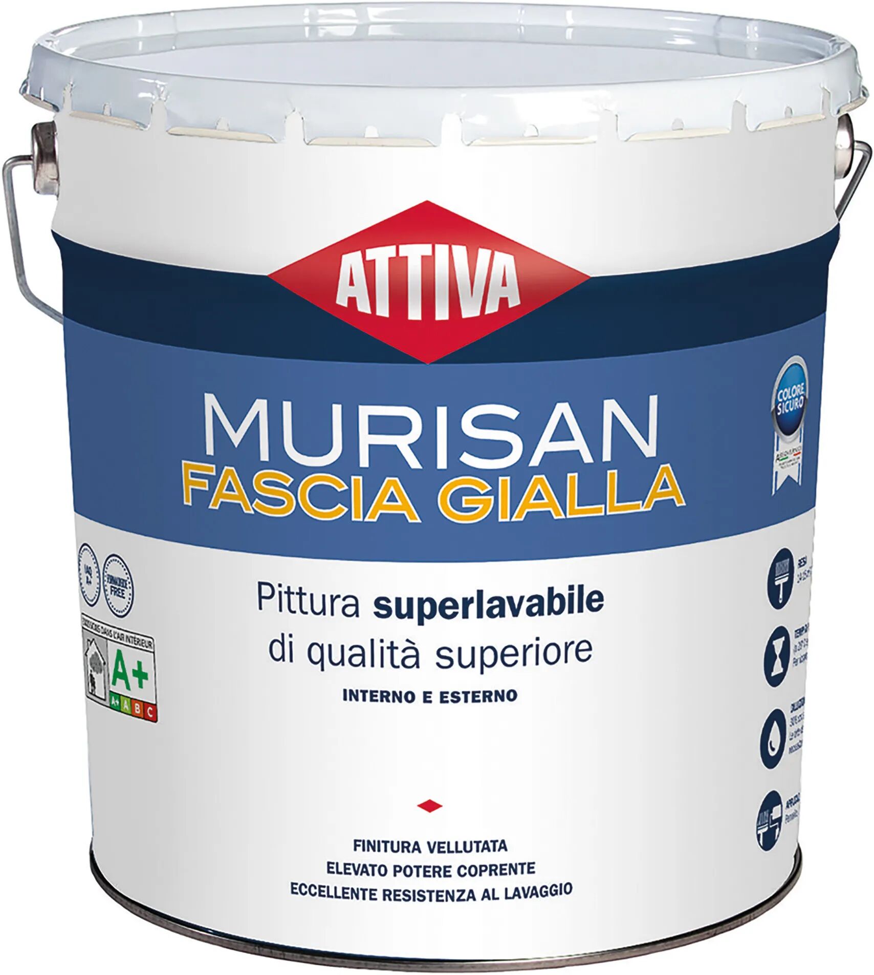 Attiva IDROPITTURA SUPERLAVABILE  5 l MURISAN FASCIA GIALLA OPACO 6-7 m² CON 1 l A 2 MANI