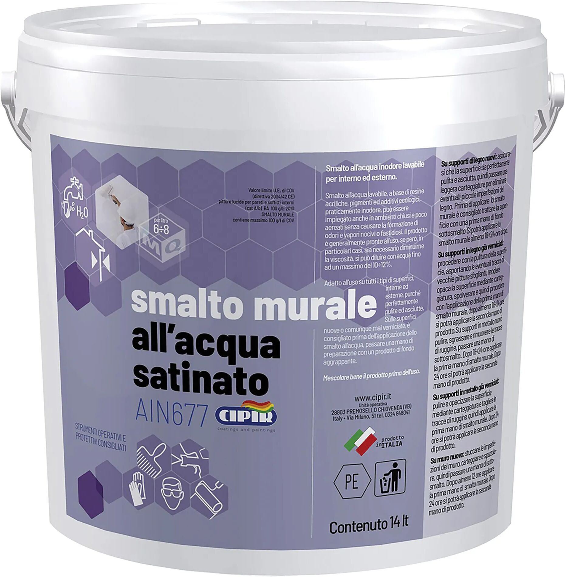 Cipir SMALTO ALL'ACQUA SATINATO  BIANCO 14 l TUTTI I SUPPORTI 8-10 m² CON 1 l PRONTO USO