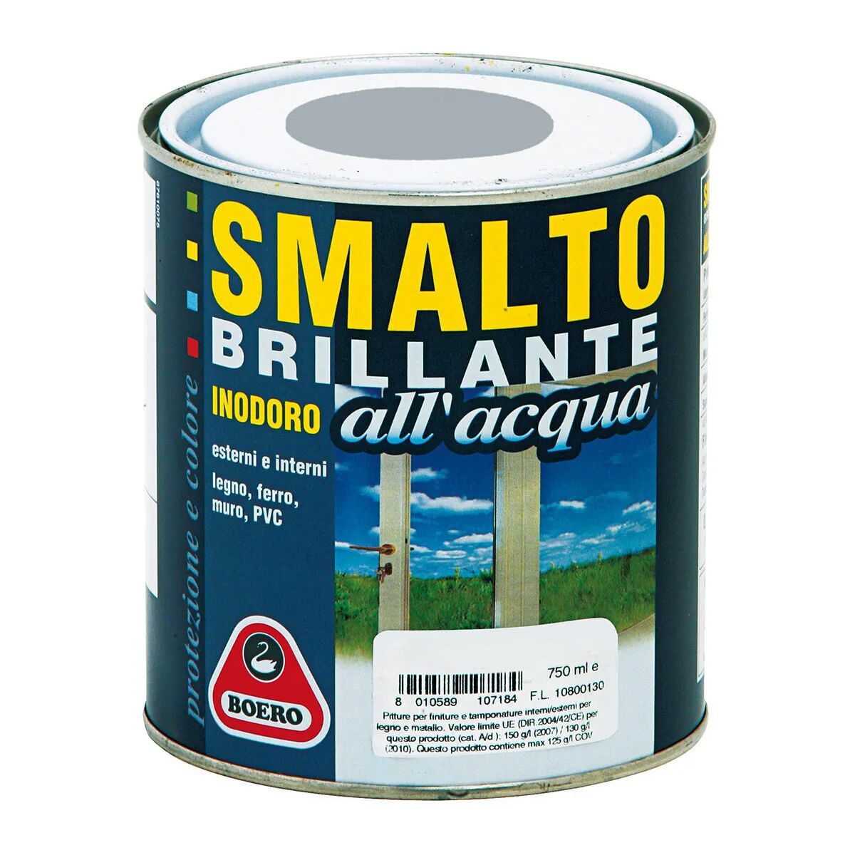 BOERO Smalto Acqua Brillante  Grigio Fumo 0,75 L Ferro Legno Muro Pvc 10-12 M² Con 1 L