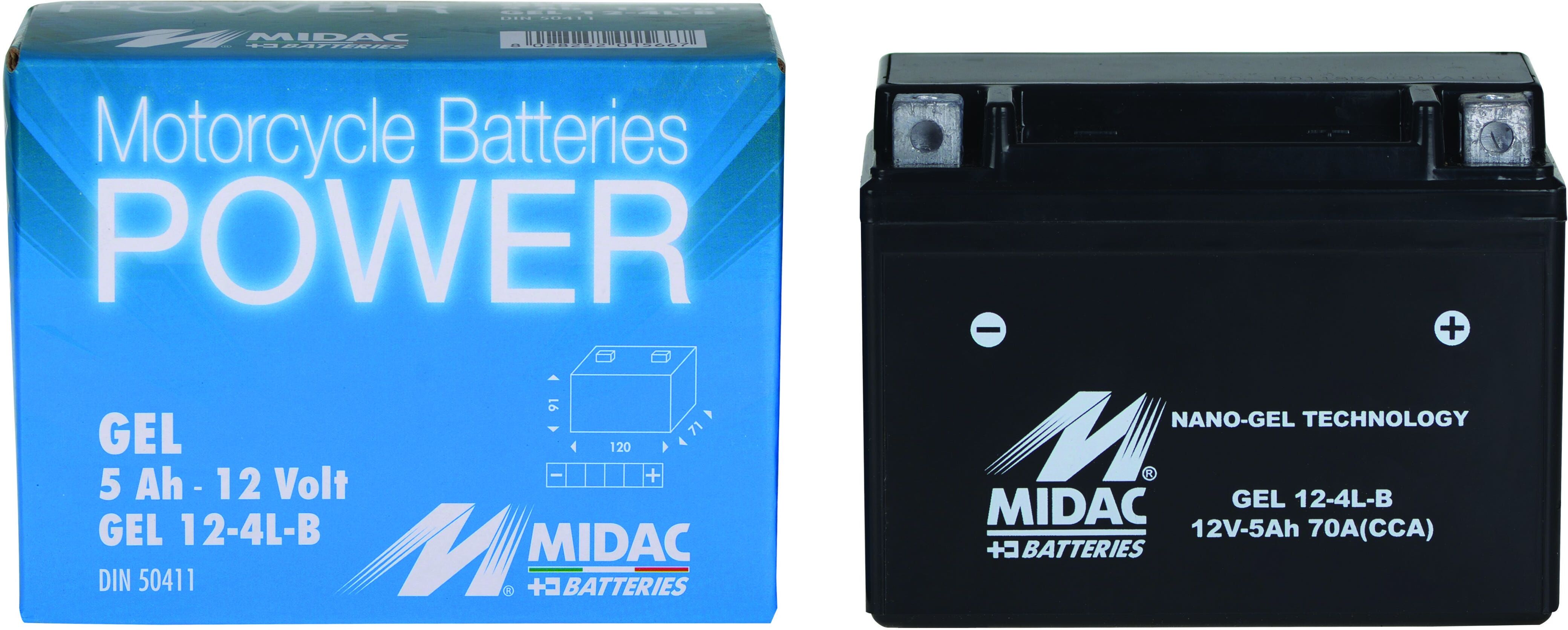 Batteria Moto Gel 5ah 70a Midac 4l-B 120x71x91 Mm (Lxpxh) Peso 1,540 Kg Batteria Moto Gel 5ah 70a Midac 4l-B 120x71x91 Mm (Lxpxh) Peso 1,540 Kg