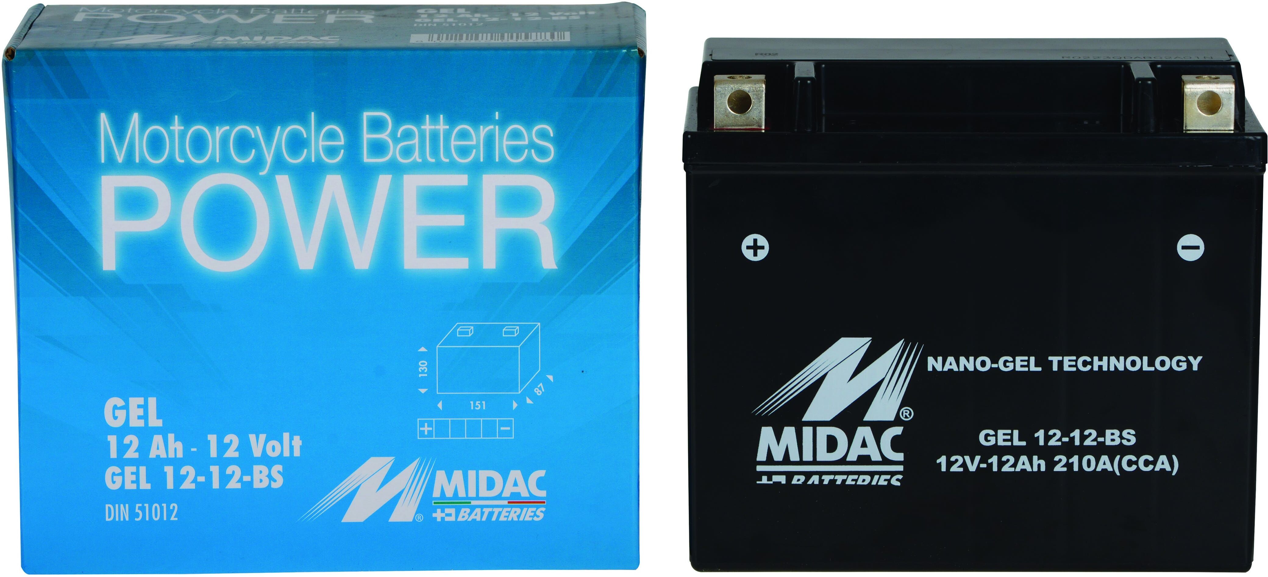 Batteria Moto Gel 12ah 210a Midac 12-Bs 151x87x130 Mm (Lxpxh) Peso 3,671 Kg Batteria Moto Gel 12ah 210a Midac 12-Bs 151x87x130 Mm (Lxpxh) Peso 3,671 Kg