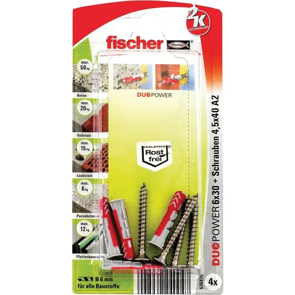 fischer tasselli duopower bi-materiale  10 k 10x50 mm 4 pezzi con vite 7x60 mm