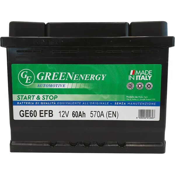 green energy batteria auto 60 ah start & stop efb greenenergy spunto 570 a 242x175x190 mm peso 15,8 kg