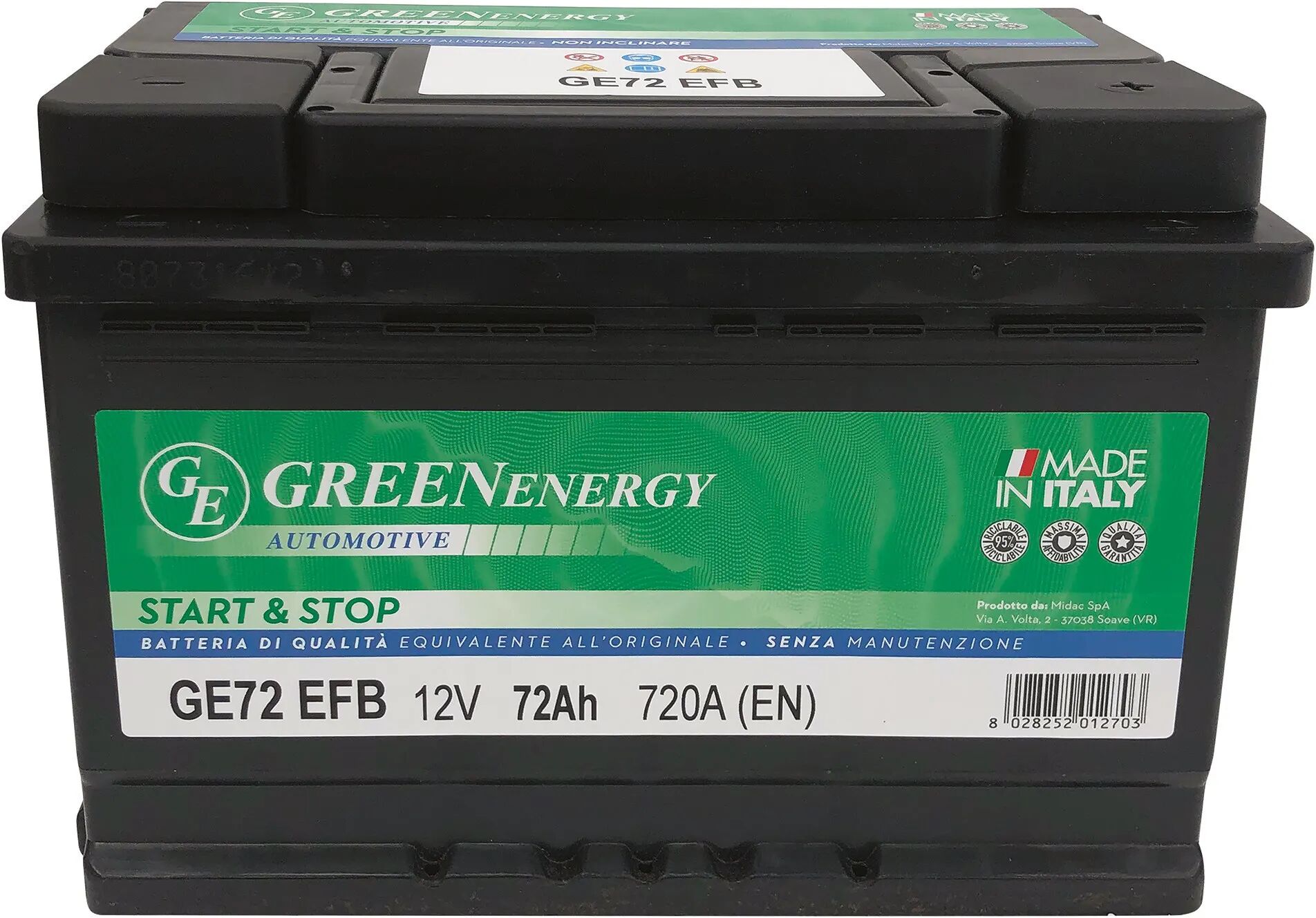 Green Energy BATTERIA AUTO 72 Ah START & STOP EFB GREENENERGY SPUNTO 720 A 275x175x190 mm PESO 17,8 kg