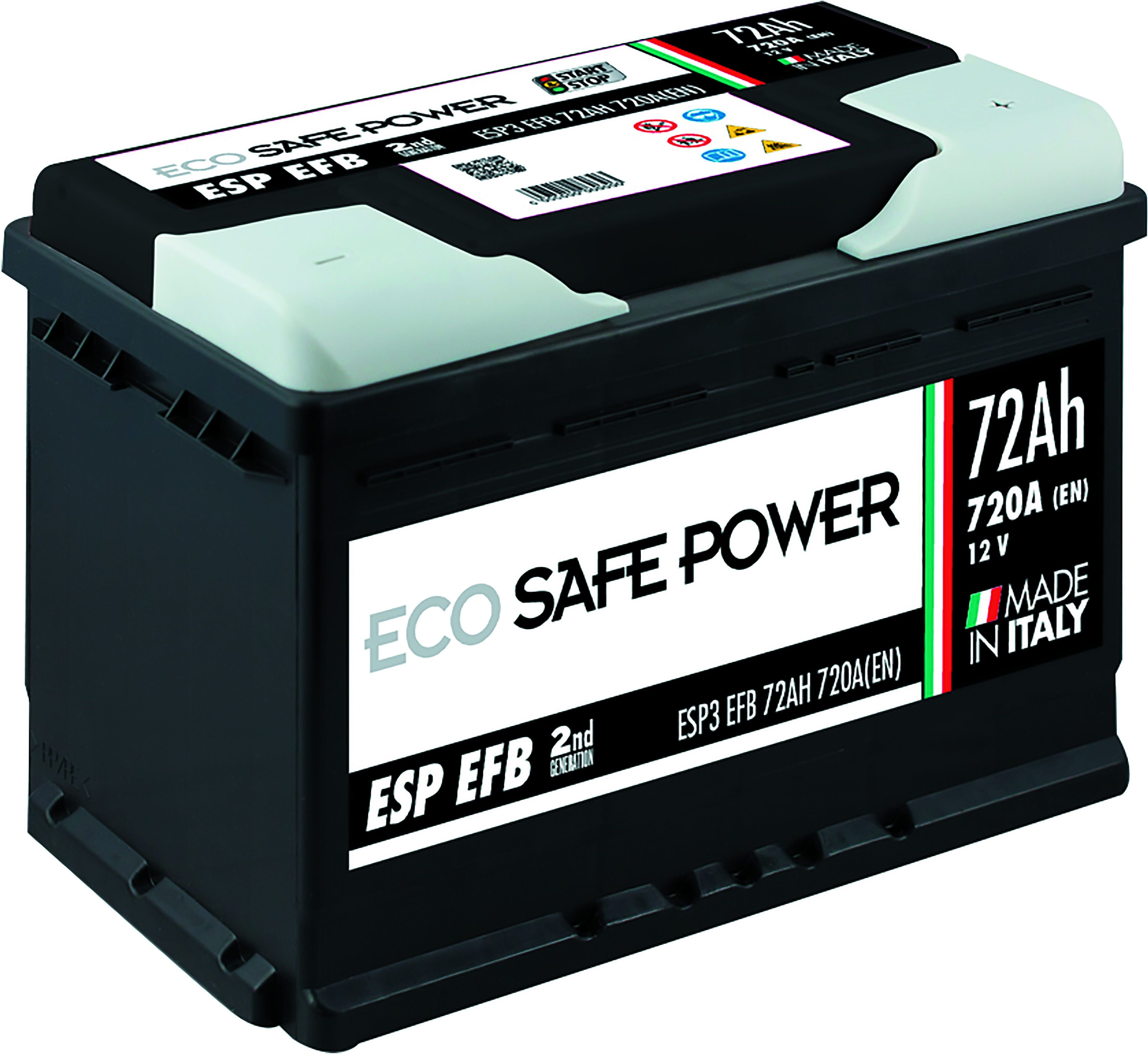 Batteria Auto 72 Ah Start & Stop Ecosafepower Spunto 720 A 275x175x190 Mm Peso 17,9 Kg Batteria Auto 72 Ah Start & Stop Ecosafepower Spunto 720 A 275x175x190 Mm Peso 17,9 Kg