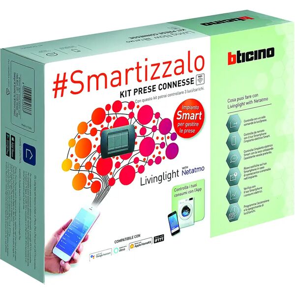 bticino kit living light smart nero con gateway comando entra-esci e 3 moduli presa