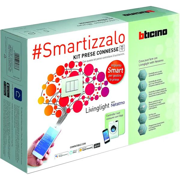 bticino kit living light smart bianco con gateway comando entra-esci e 3 moduli presa