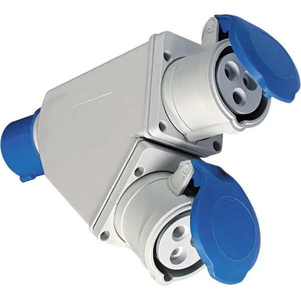 fanton adattatore  industriale  spina 2p+t 16a 230v ip44 con 2 prese  16a 2 prese  2p+t 16a cee blu