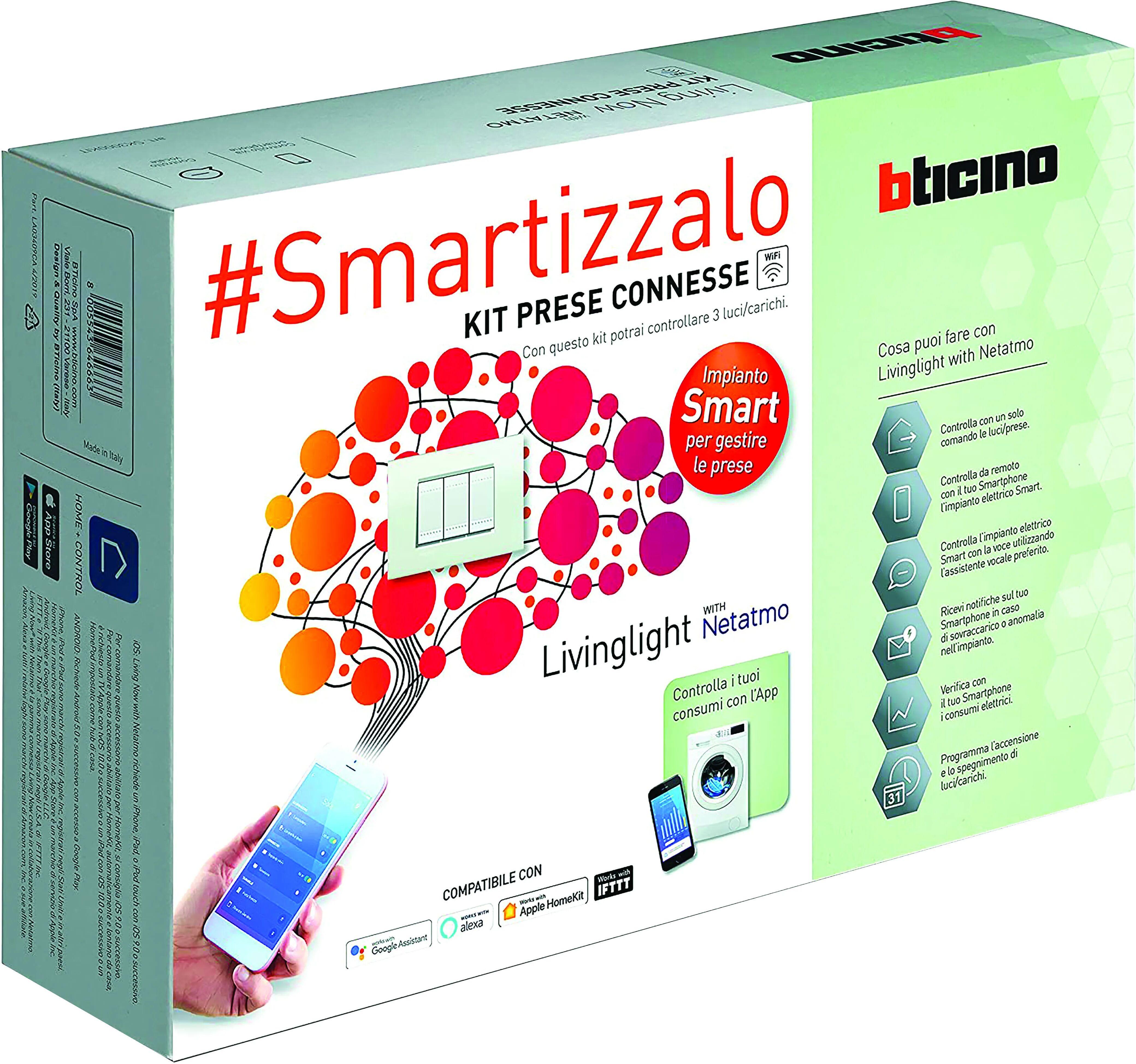 bticino kit living light smart bianco con gateway comando entra-esci e 3 moduli presa