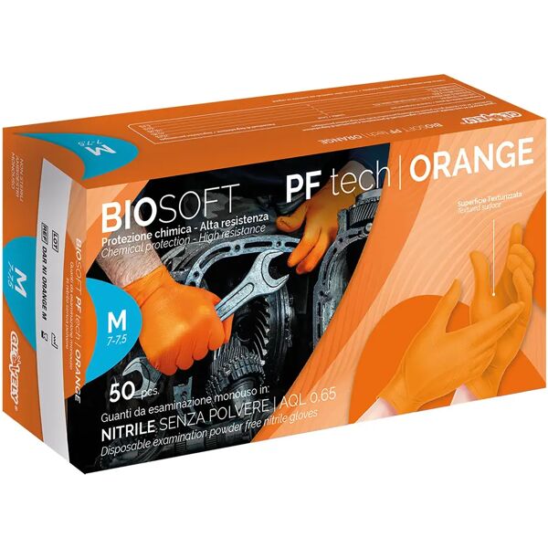 tecnomat 50 guanti monouso biosoft pf in nitrile arancioni zigrinati m senza polvere dpi cat iii 8,4 g