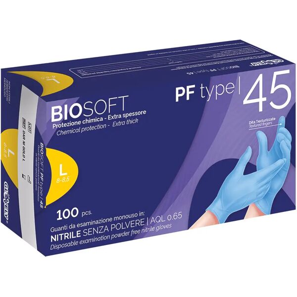 tecnomat 100 guanti monouso biosoft pf in nitrile blu taglia l senza polvere dpi cat iii 4,5 g