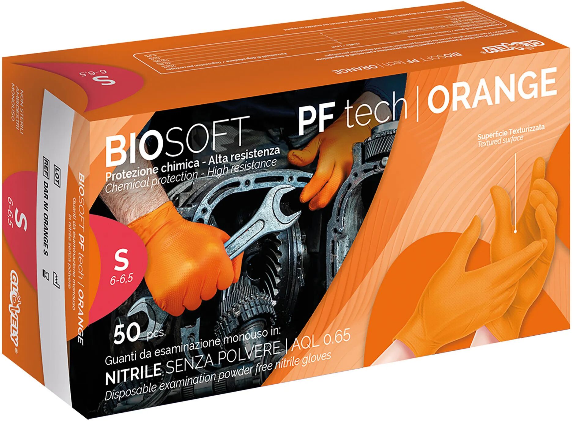 tecnomat 50 guanti monouso biosoft pf in nitrile arancioni zigrinati s senza polvere dpi cat iii 8,4 g