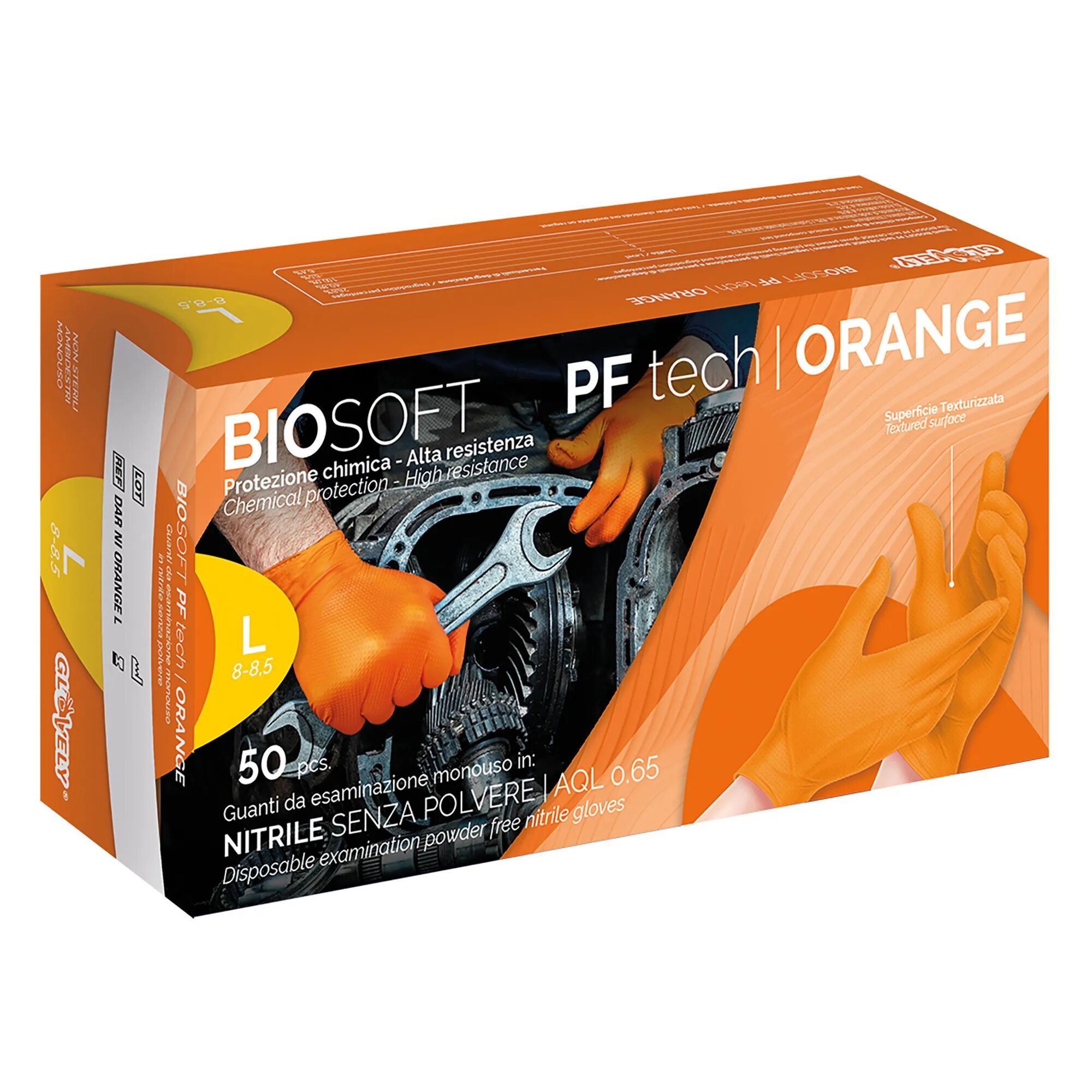 tecnomat 50 guanti monouso biosoft pf in nitrile arancioni zigrinati l senza polvere dpi cat iii 8,4 g