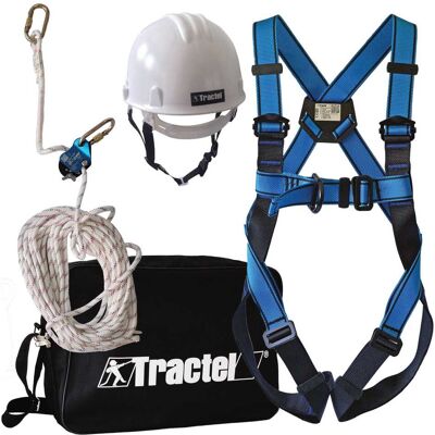 Tractel KIT ANTICADUTA PER TETTI A FALDE CASCO BIANCO IMBRAGATURA CORDA MOSCHETTONE E GHIERA Tractel KIT ANTICADUTA PER TETTI A FALDE CASCO BIANCO IMBRAGATURA CORDA MOSCHETTONE E GHIERA
