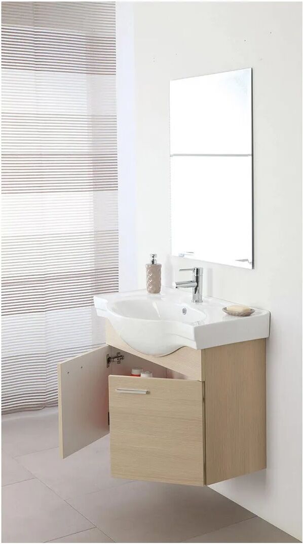 Mobile 2 Ante Larice Lavabo In Ceramica Con Specchio 80x64,5x46 (Lxhxp)