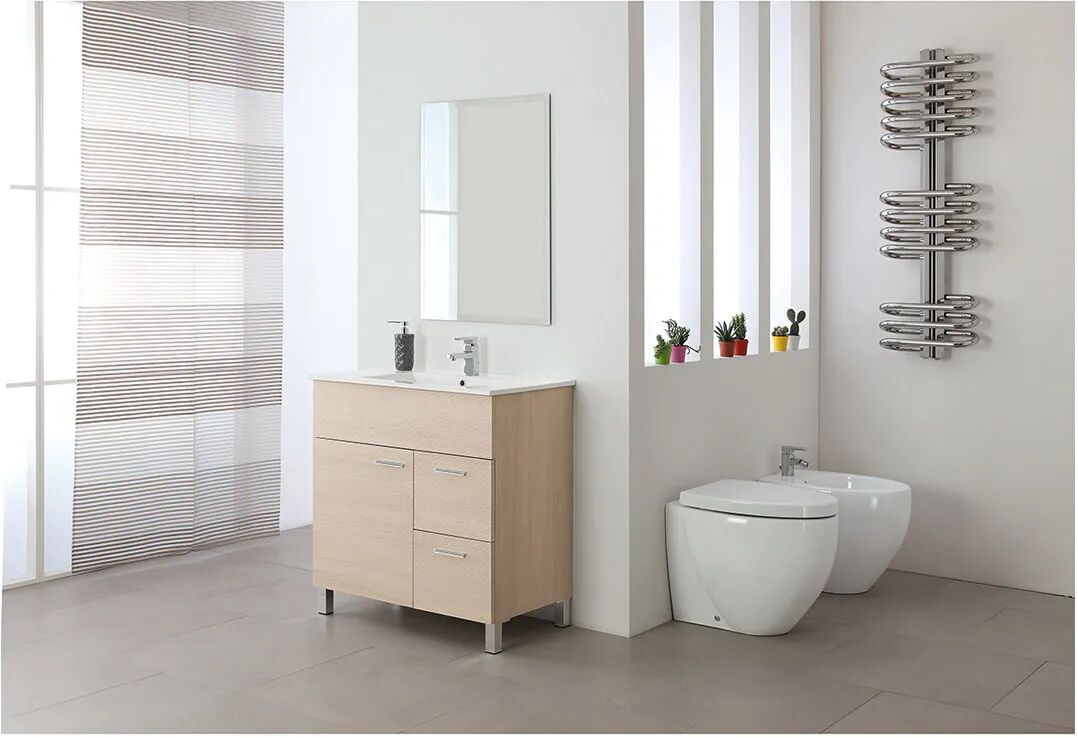 Mobile 2 Cassetti Larice Lavabo In Ceramica Con Specchio 81x84x46,5 (Lxhxp)