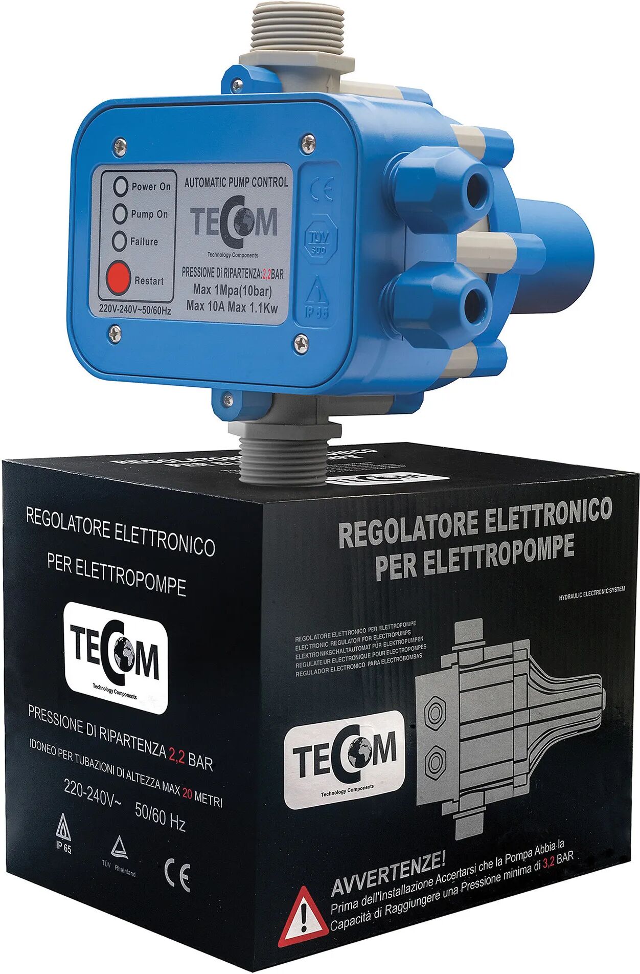 tecnomat regolatore elettronico tecom reg 22 per elettropompe pressione di ripartenza 2,2 bar