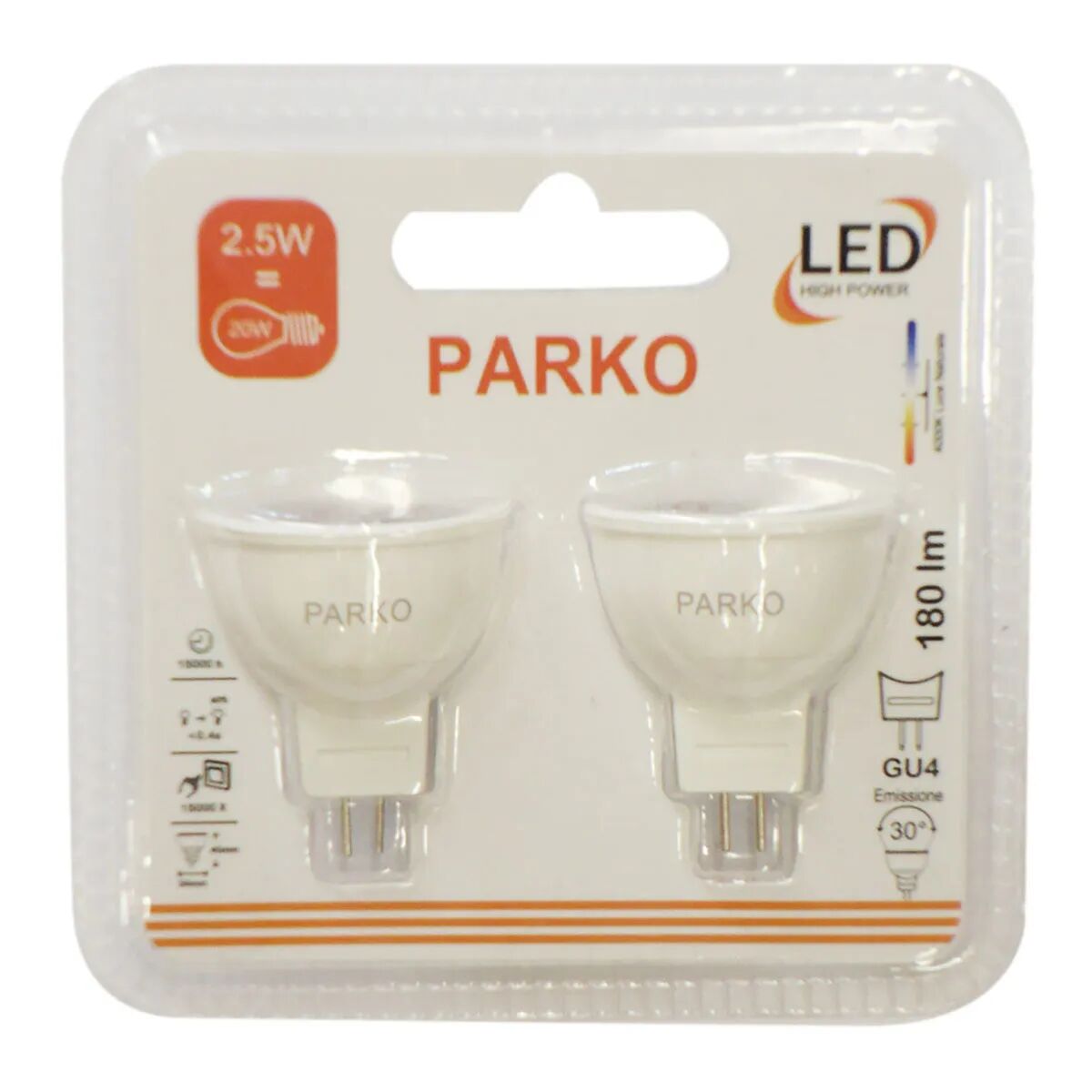 Blister 2 Lampadine Parko Led Mr11 Gu4 2,5w=20w 180 Lumen 4000k Luce Bianca Ø34x40 Mm