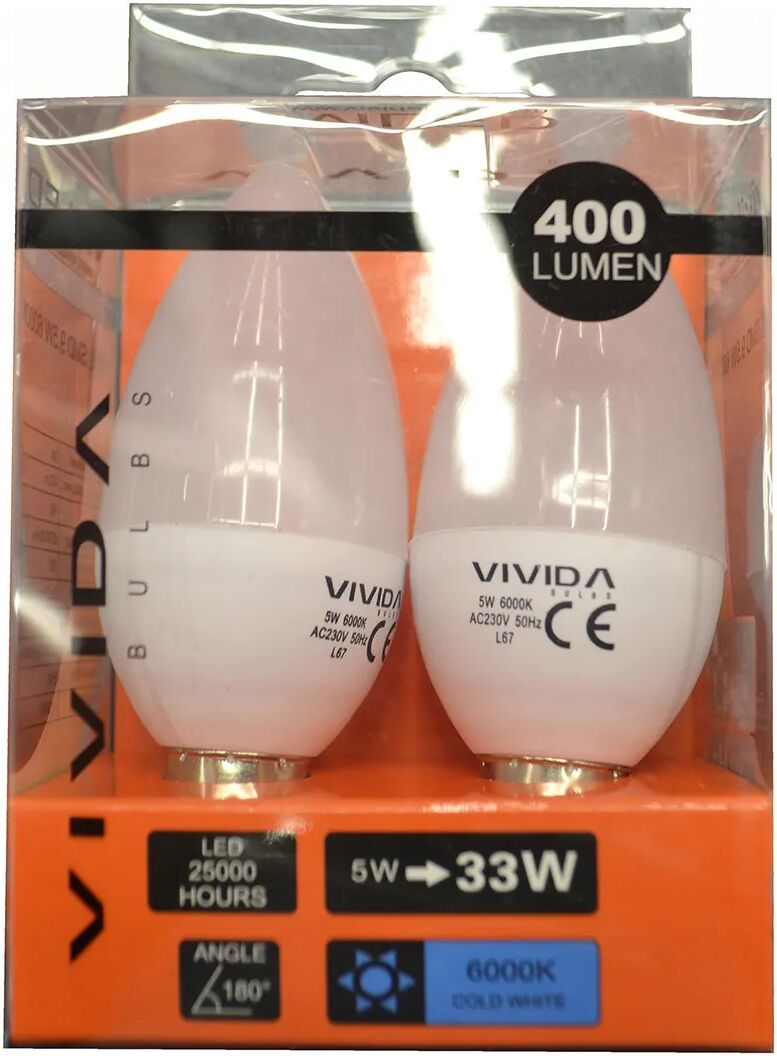 VIVIDA INTERNATIONAL 2 Lampadine Vivida Led Oliva E14 5w=37w 400 Lumen 6000k Luce Fredda Ø 37x99 Mm