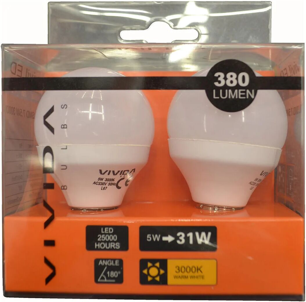 VIVIDA INTERNATIONAL 2 Lampadine Vivida Led Minisfera E14 5w=35w 400 Lumen 3000k Luce Calda Ø 45x82 Mm