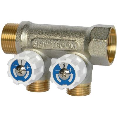 Tecom COLLETTORE SANITARIO 2 VIE M 1/2'' CON RUBINETTO INTERASSE 35 mm INGRESSO MF 3/4'' Tecom COLLETTORE SANITARIO 2 VIE M 1/2'' CON RUBINETTO INTERASSE 35 mm INGRESSO MF 3/4''