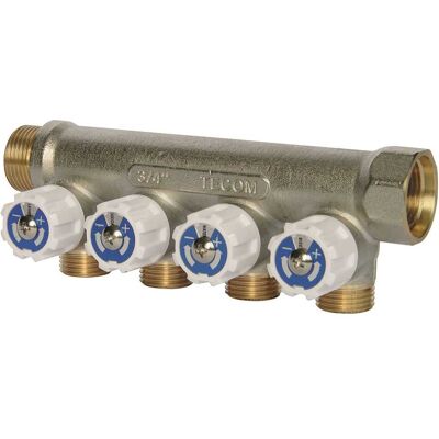 Tecom COLLETTORE SANITARIO 4 VIE M 1/2'' CON RUBINETTO INTERASSE 35 mm INGRESSO MF 3/4'' Tecom COLLETTORE SANITARIO 4 VIE M 1/2'' CON RUBINETTO INTERASSE 35 mm INGRESSO MF 3/4''