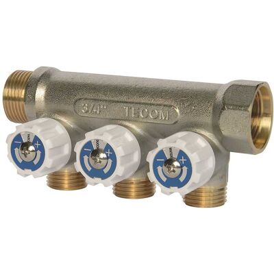 Tecom COLLETTORE SANITARIO 3 VIE M 1/2'' CON RUBINETTO INTERASSE 35 mm INGRESSO MF 3/4'' Tecom COLLETTORE SANITARIO 3 VIE M 1/2'' CON RUBINETTO INTERASSE 35 mm INGRESSO MF 3/4''