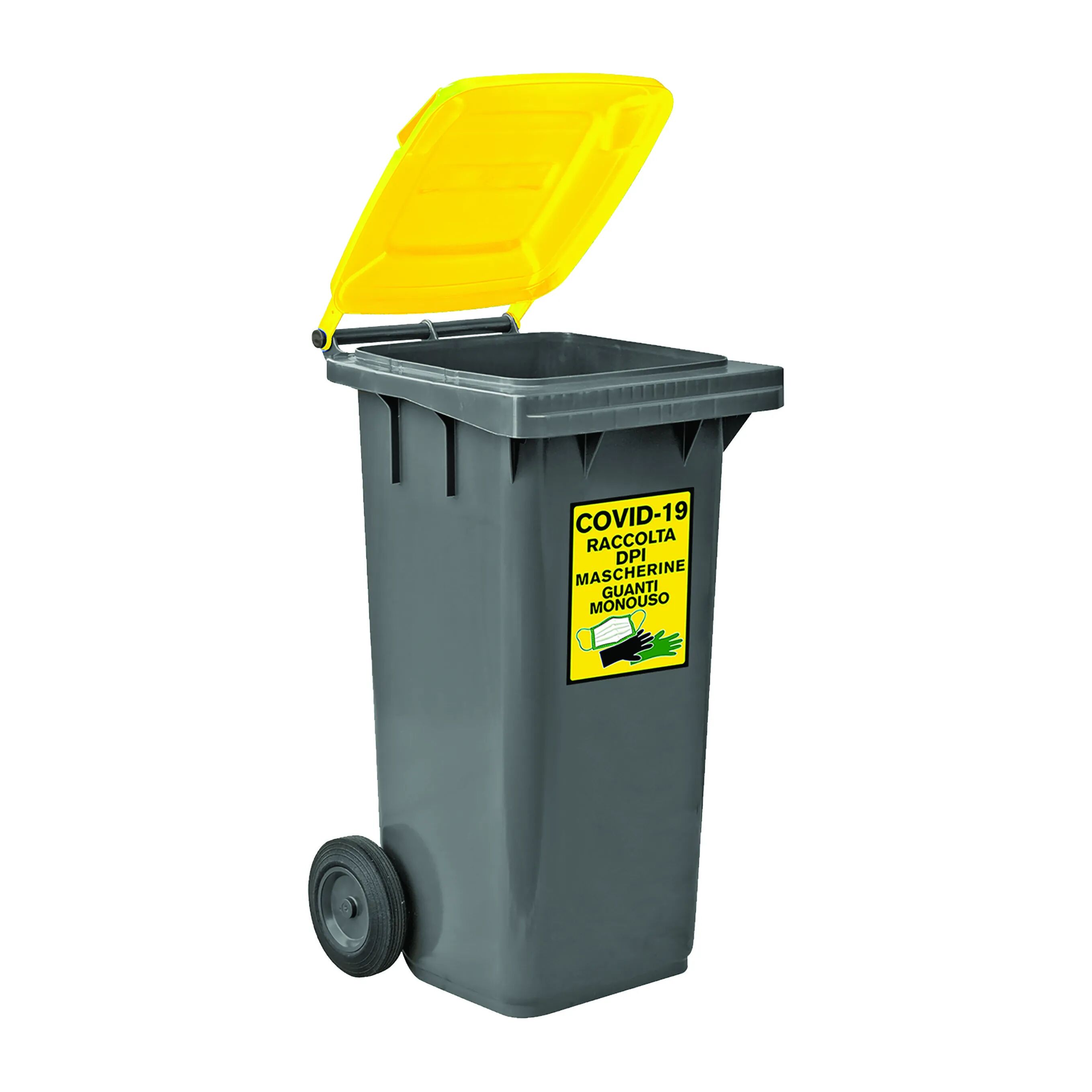 Bidone Carrellato 3s 120 L Raccolta Dpi Grigio Coperchio Giallo Con Anello 3 Sacchi E Adesivo Bidone Carrellato 3s 120 L Raccolta Dpi Grigio Coperchio Giallo Con Anello 3 Sacchi E Adesivo