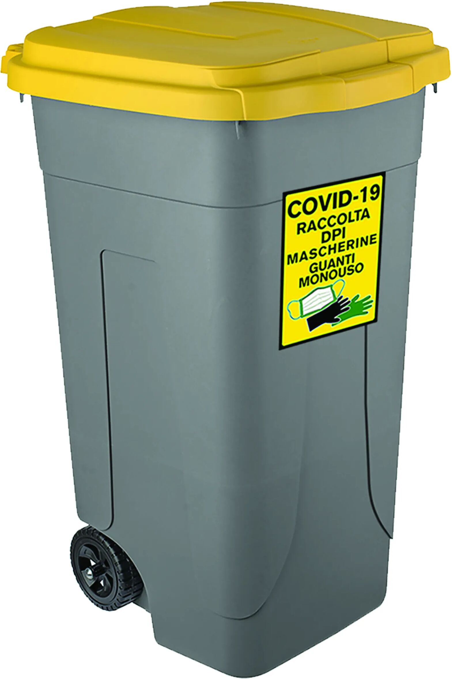 Bidone Carrellato 3s 80 L Raccolta Dpi Grigio Coperchio Giallo Con Anello 3 Sacchi E Adesivo Bidone Carrellato 3s 80 L Raccolta Dpi Grigio Coperchio Giallo Con Anello 3 Sacchi E Adesivo