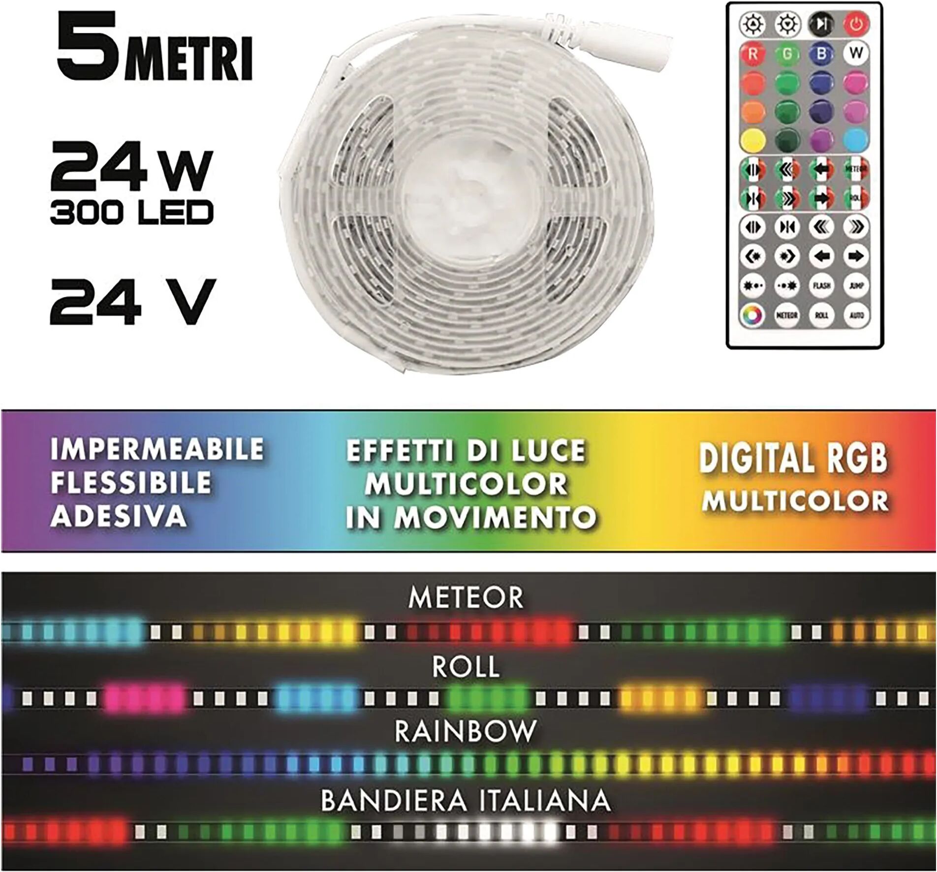 tecnomat kit strip led digitale 24w 300 led rgb 24v 5m con alimentatore e telecomando ip54